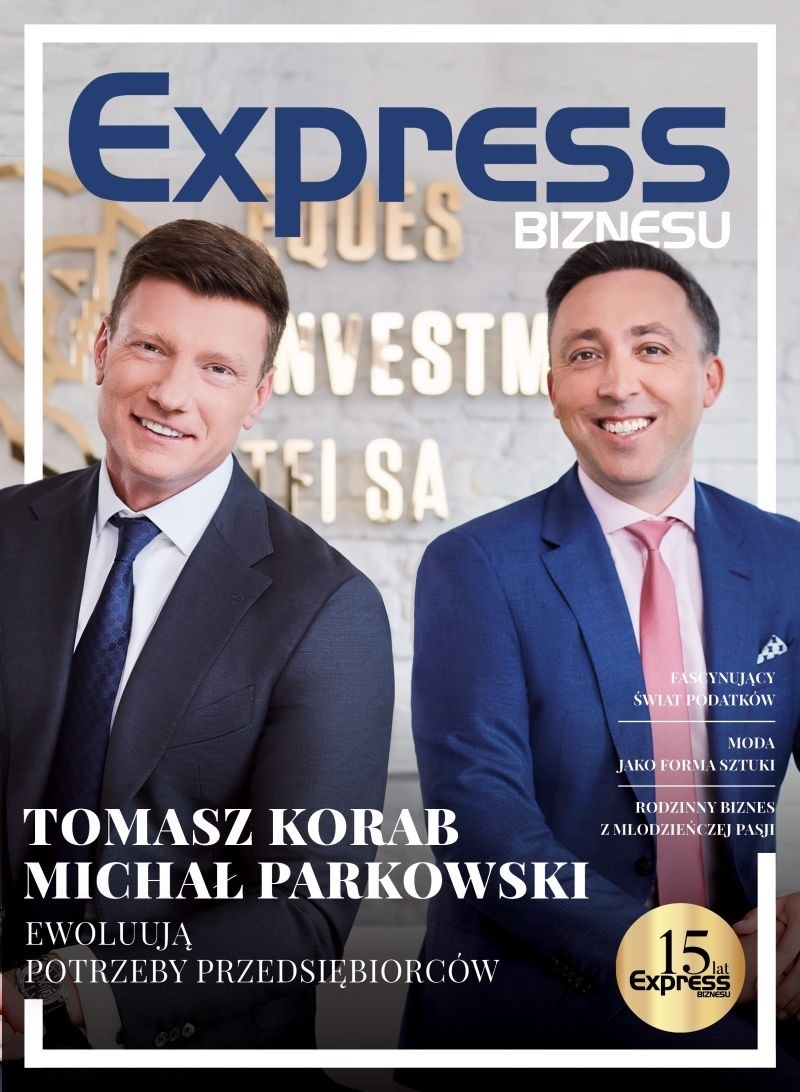 Zdjęcie przedstawiające okładkę magazynu Express Biznesu, na której jest Prezes Zarządu Eques Investment TFI, Tomasz Korab i Prezes Zarządu Ceres Dom Inwestycyjny, Michał Parkowski_z tytułem artykułu: Potrzeby przedsiębiorców ewoluują